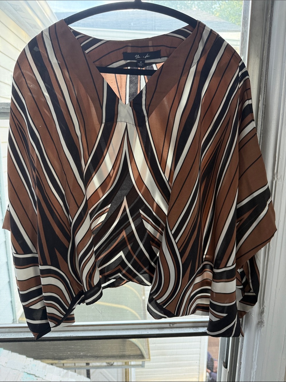 Silk Woven Striped V-Neck Blouse in Brown and Black